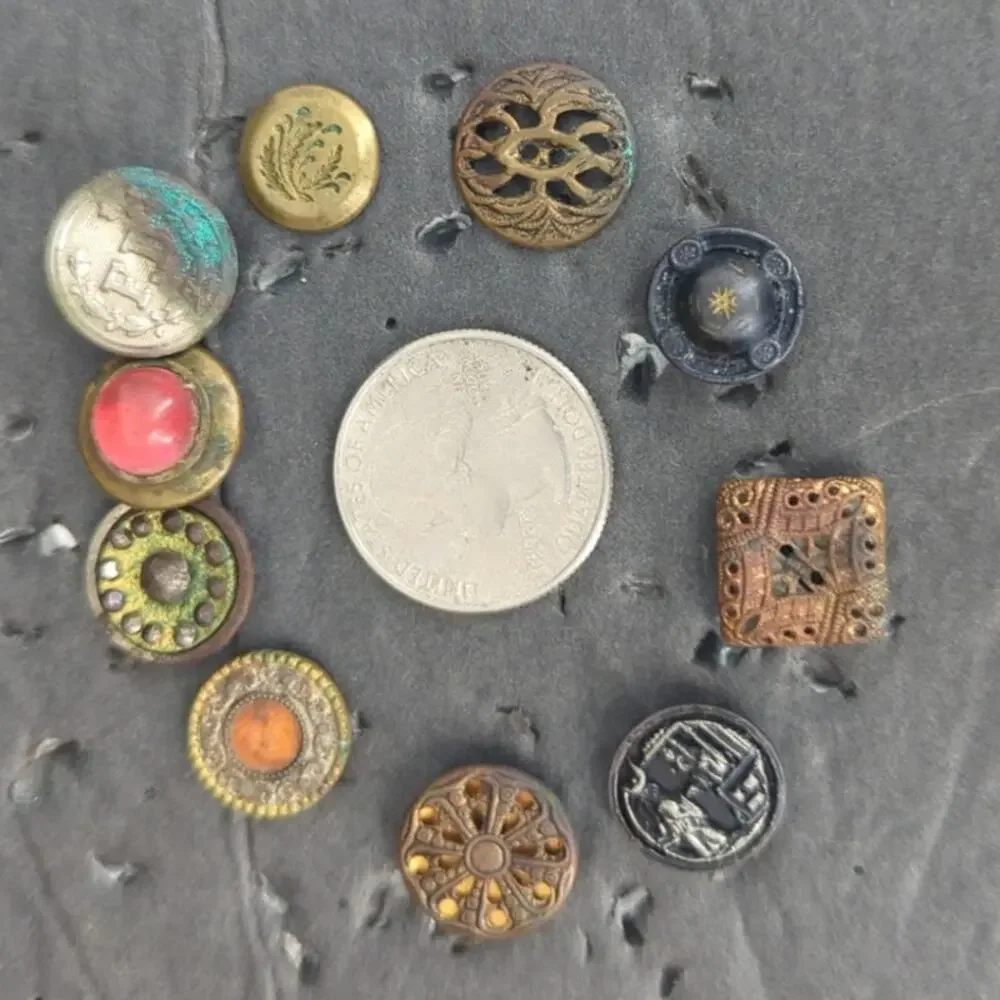 LOT Q of 10 Antique Vintage Victorian Brass Mixed Materials Buttons ESTATE FIND